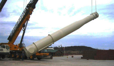 Lifting to vertical a 60' tall, 72" OD base section of a 130' tall freestanding double-wall insulated exhaust stack.